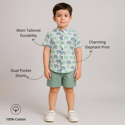 Elephant‑Print Cotton Shirt & Pocket Shorts Set | Aww Hunnie