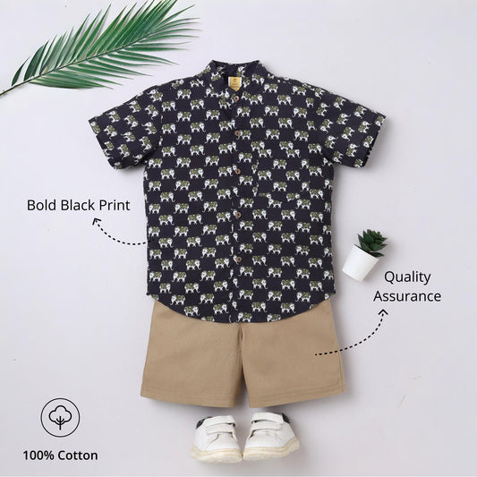 Black Elephant‑Print Cotton Shirt & Shorts Set | Aww Hunnie