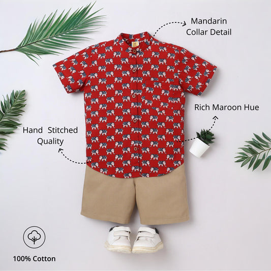 Maroon Elephant‑Print Cotton Shirt & Shorts Set | Aww Hunnie
