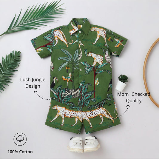 Jungle‑Print Cotton Shirt & Shorts Set | Aww Hunnie Kidswear