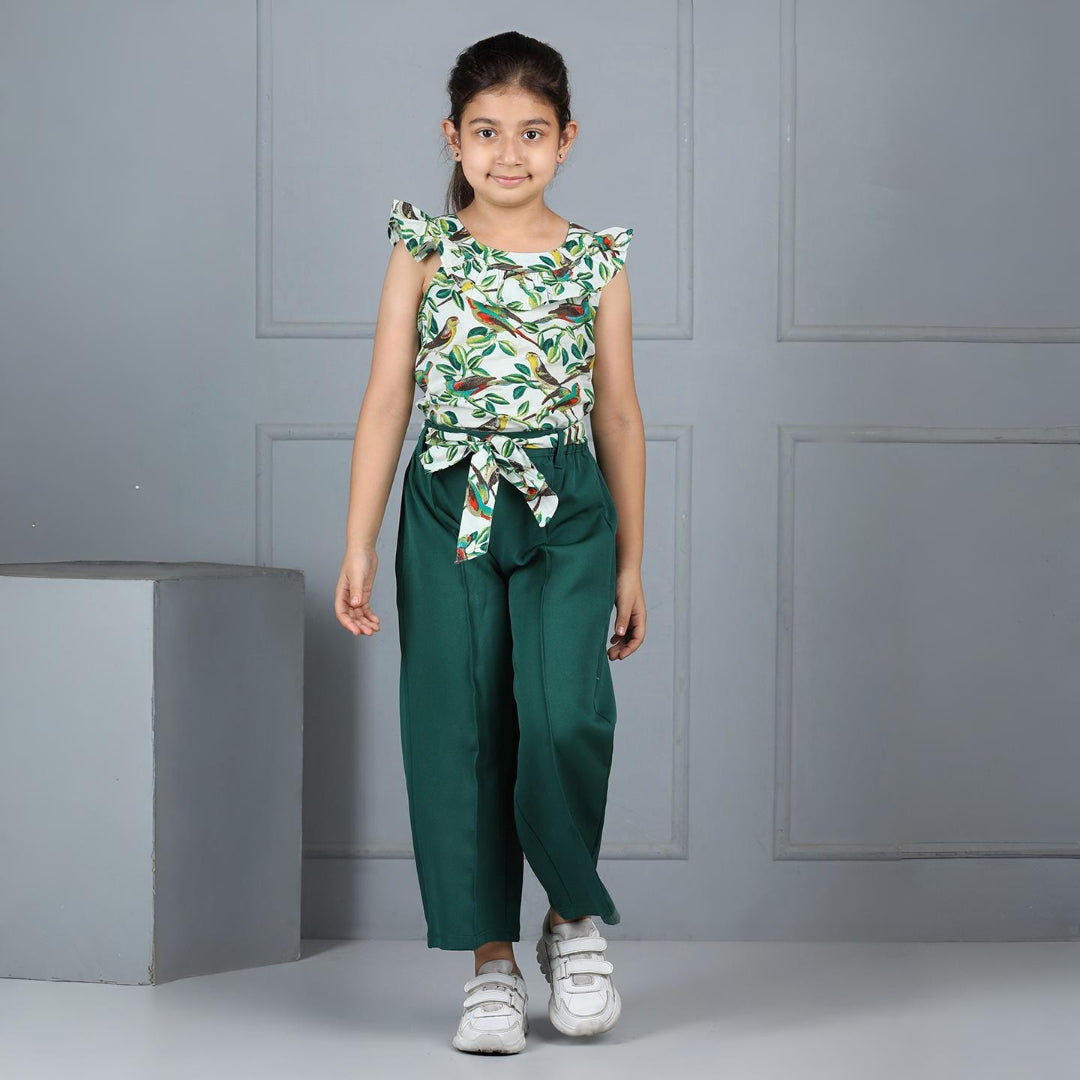 Aww Hunnie Premium Bird & Leaf-Print Top & Banana-Crepe Trouser Set – 100% Cotton