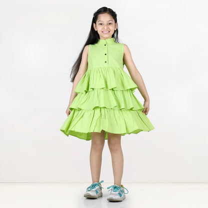 Aww Hunnie Girls Pure Cotton Ruffle-Layer Knee-Length Summer Dress – 4 Vibrant Colors