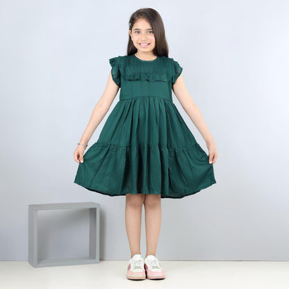 Aww Hunnie Girls Pure Cotton Sleeveless Knee-Length Summer Dress – Green & Mustard