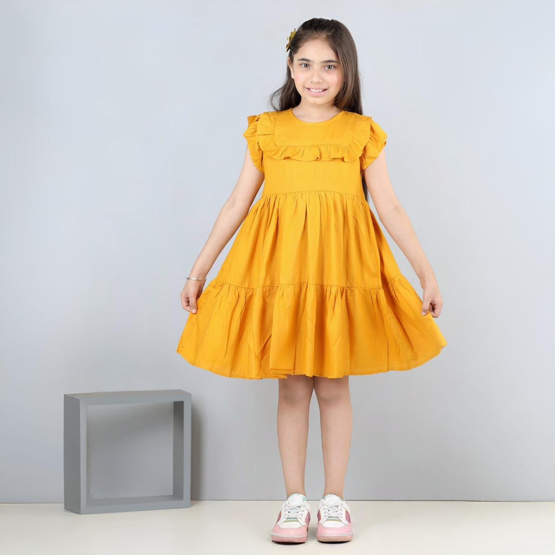 Aww Hunnie Girls Pure Cotton Sleeveless Knee-Length Summer Dress – Green & Mustard