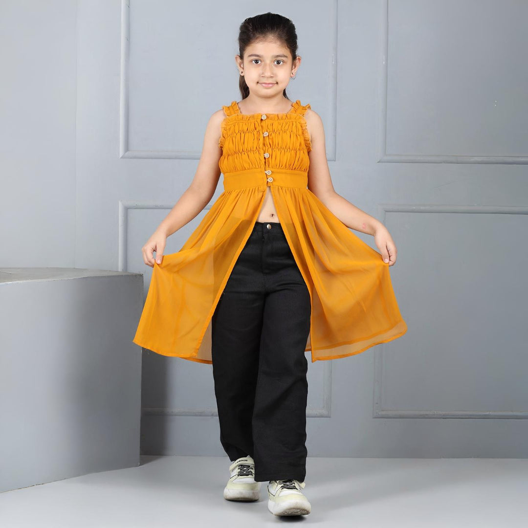 Aww Hunnie Premium Georgette Yoke-Detail Slit Top & Cotton-Twill Pant Set – Sleeveless Chic