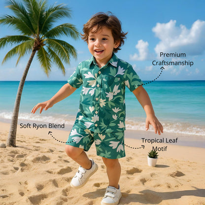 Green Leaf‑Print Ryon Shirt & Shorts Set | Aww Hunnie Kidswear