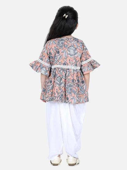Aww Hunnie Jaipuri Print Cotton Floral Kurti & Dhoti Set for Girls