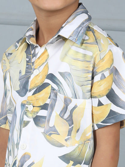 Boys Leaf Print Half-Sleeve Shirt & Bottom Set – Trendy Casual Wear - Pure, Chemical-Free Kidswear