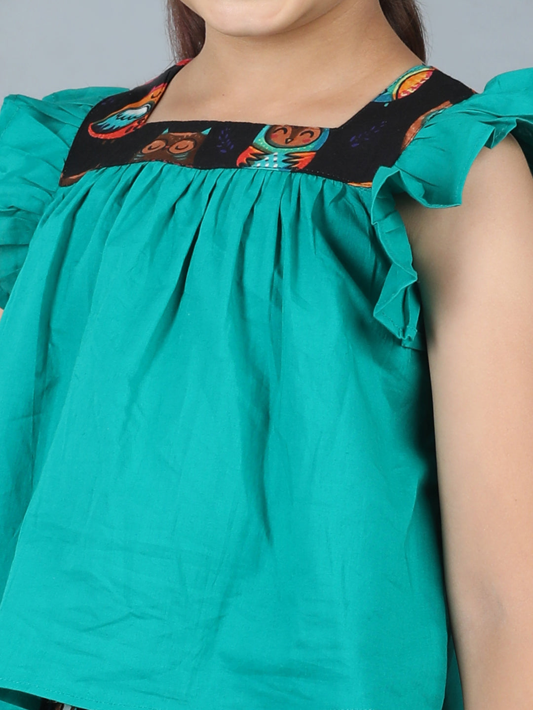 Girls Cotton Top with Owl Print Skirt – Trendy Green Ensemble - Pure, Chemical-Free Kidswear