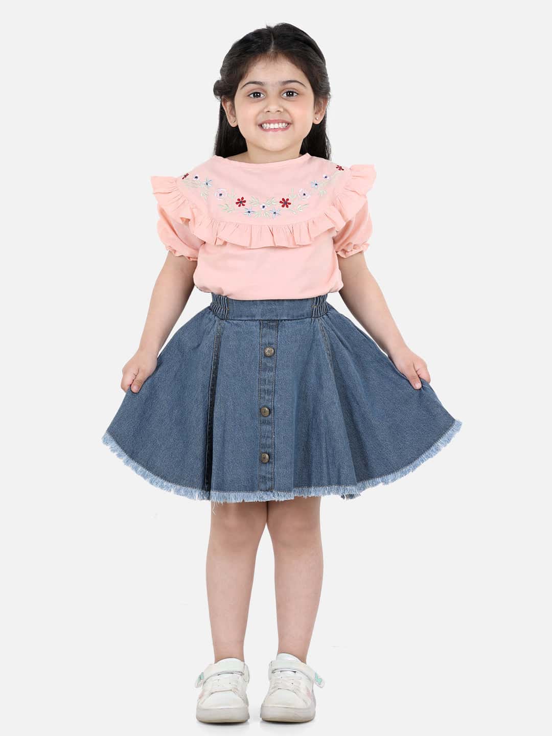 Aww Hunnie Cotton Half Sleeves Embrodery Top With Denim Skirt Set-Chic and Casual - Pure, Chemical-Free Kidswear