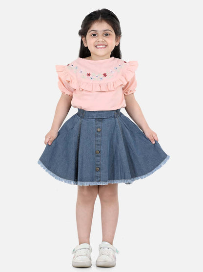 Aww Hunnie Cotton Half Sleeves Embrodery Top With Denim Skirt Set-Chic and Casual - Pure, Chemical-Free Kidswear