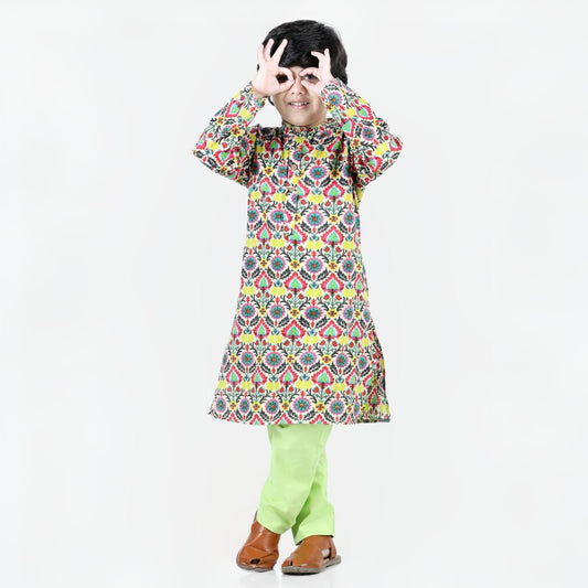 Aww Hunnie Boys Jaipuri Cotton Kurta & Green Pajama Set – Organic Kidswear