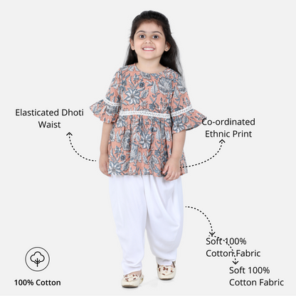 Aww Hunnie Jaipuri Print Cotton Floral Kurti & Dhoti Set for Girls