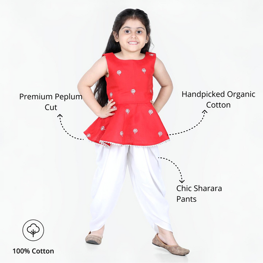 Aww Hunnie Girls Red Peplum Top & Dhoti Set – Premium Cotton Festive Wear