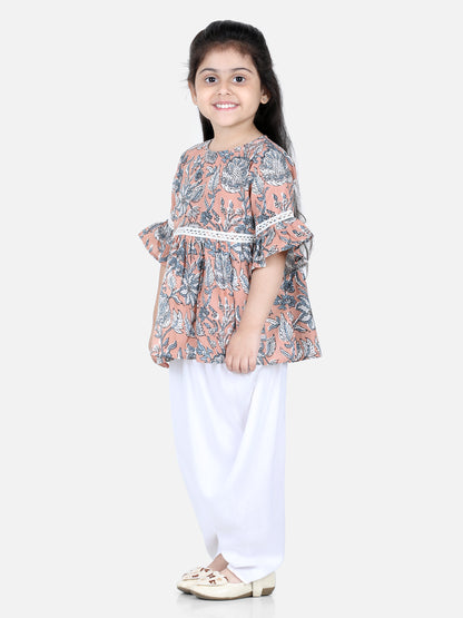 Aww Hunnie Jaipuri Print Cotton Floral Kurti & Dhoti Set for Girls