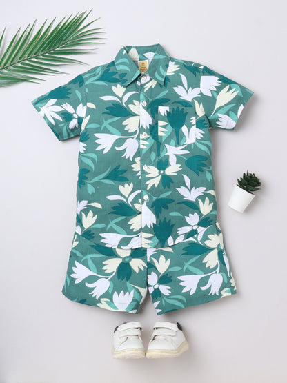 Green Leaf‑Print Ryon Shirt & Shorts Set | Aww Hunnie Kidswear