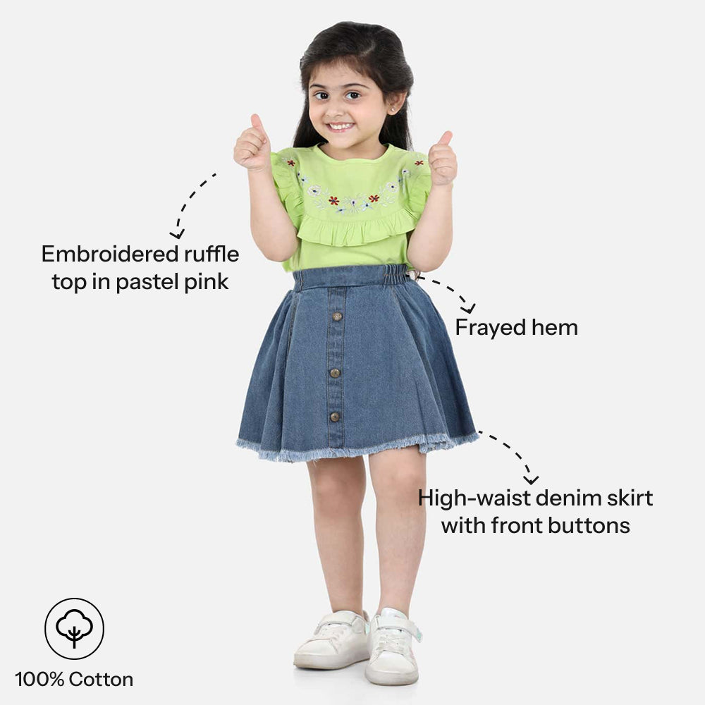 Aww Hunnie Cotton Half Sleeves Embrodery Top With Denim Skirt Set-Chic and Casual - Pure, Chemical-Free Kidswear