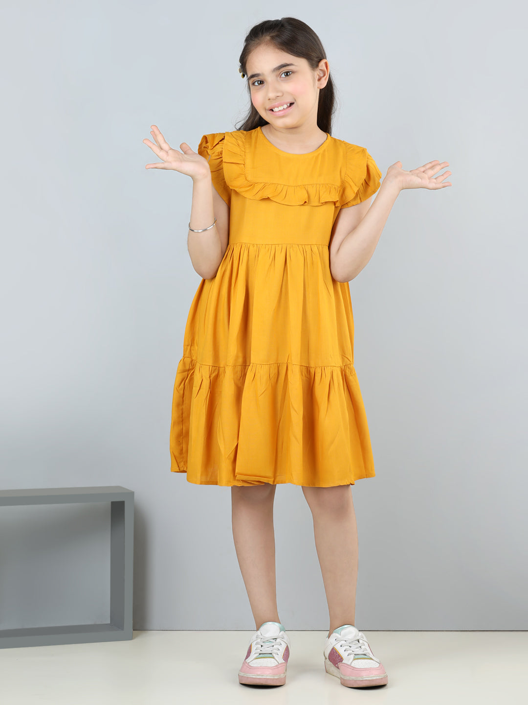 Aww Hunnie Girls Pure Cotton Sleeveless Knee-Length Summer Dress – Green & Mustard