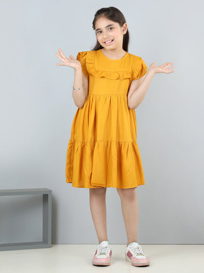 Aww Hunnie Girls Pure Cotton Sleeveless Knee-Length Summer Dress – Green & Mustard