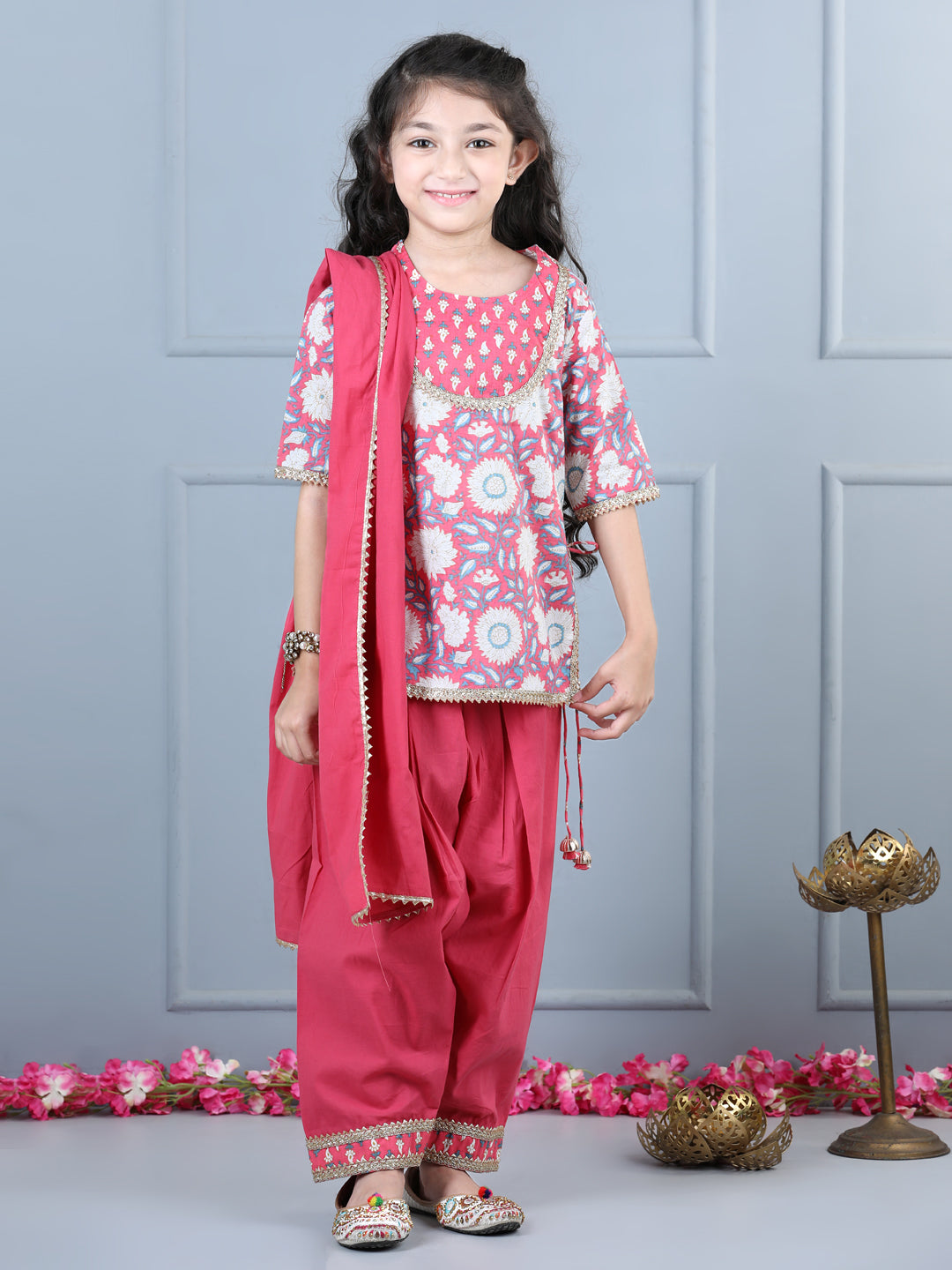 Aww Hunnie Girls Peach Jaipuri Cotton Kurta Salwar Set – Premium Festive Ensemble