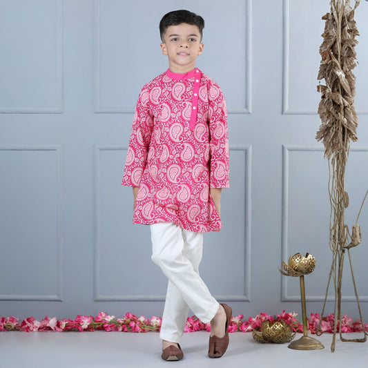 Aww Hunnie Boys Cotton Printed Mandarin Collar Kurta & Side-Button Pajama Set (1–12 yrs)