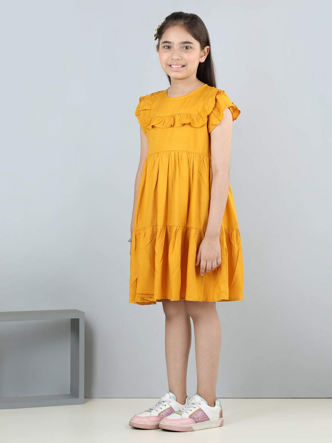 Aww Hunnie Girls Pure Cotton Sleeveless Knee-Length Summer Dress – Green & Mustard
