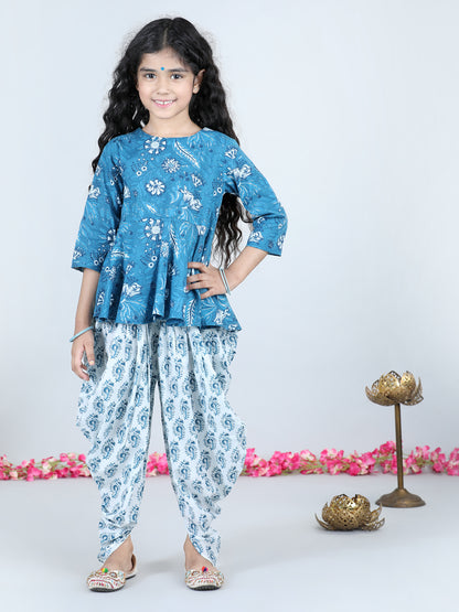 Aww Hunnie Girls Blue Jaipuri Cotton Peplum Top & Dhoti Set – Premium Festive Wear