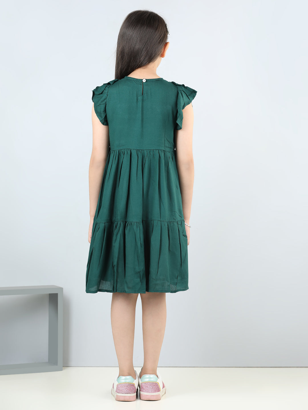 Aww Hunnie Girls Pure Cotton Sleeveless Knee-Length Summer Dress – Green & Mustard