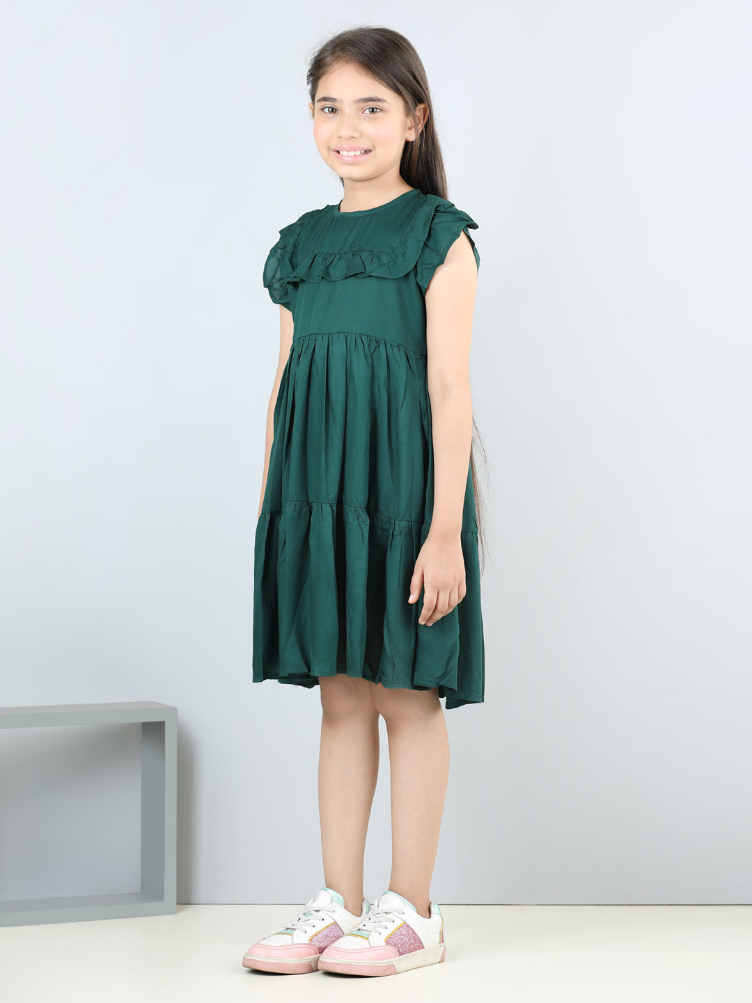 Aww Hunnie Girls Pure Cotton Sleeveless Knee-Length Summer Dress – Green & Mustard
