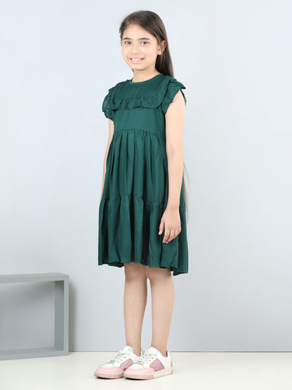 Aww Hunnie Girls Pure Cotton Sleeveless Knee-Length Summer Dress – Green & Mustard