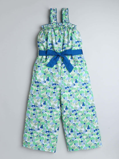 Girls Floral Print Jumpsuit – Shoulder Strap with Belt (Blue) - Pure, Chemical-Free Kidswear