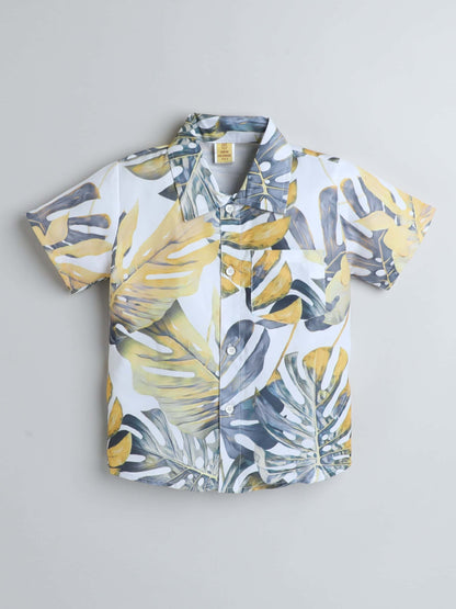 Boys Leaf Print Half-Sleeve Shirt & Bottom Set – Trendy Casual Wear - Pure, Chemical-Free Kidswear