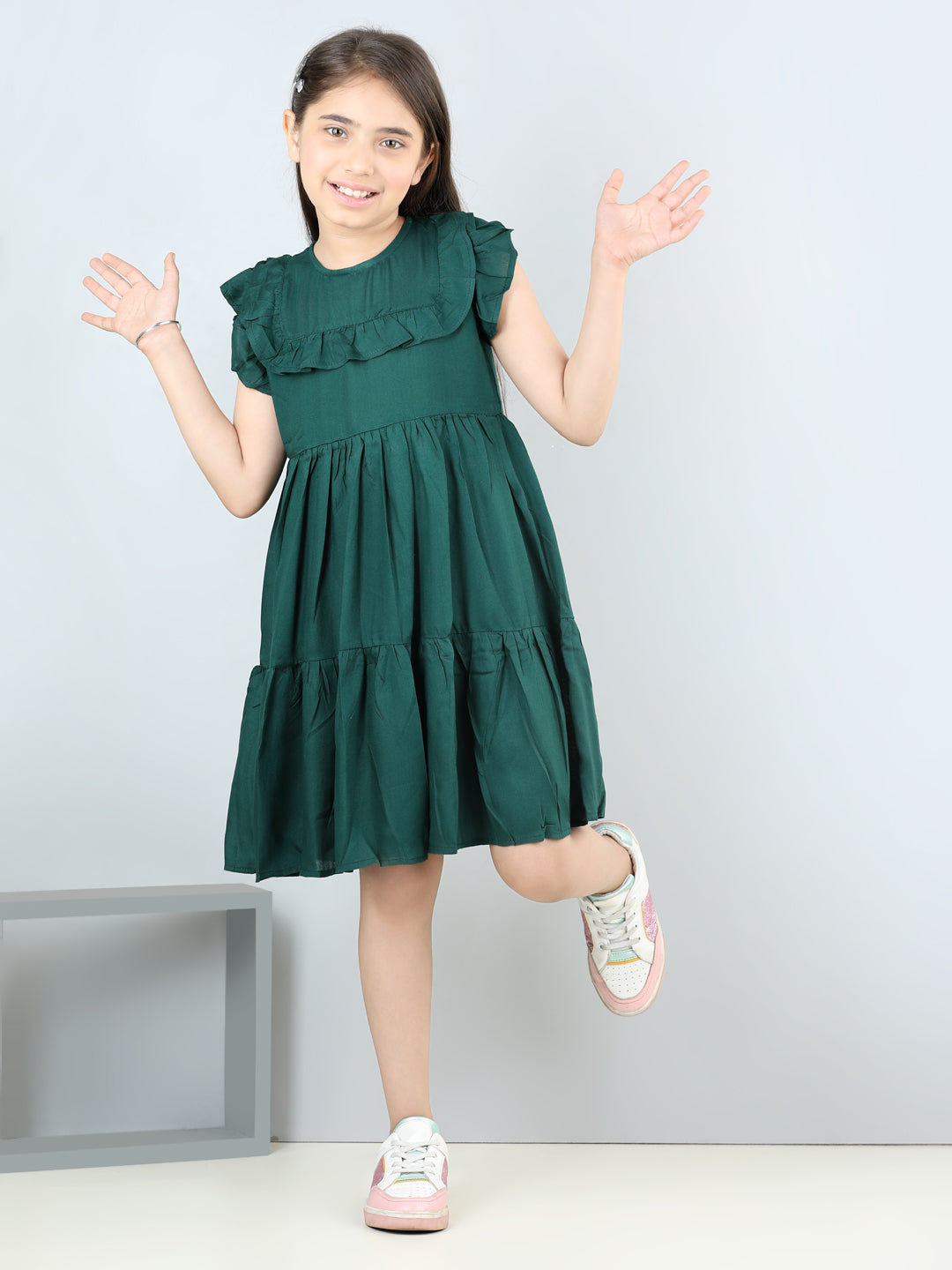 Aww Hunnie Girls Pure Cotton Sleeveless Knee-Length Summer Dress – Green & Mustard