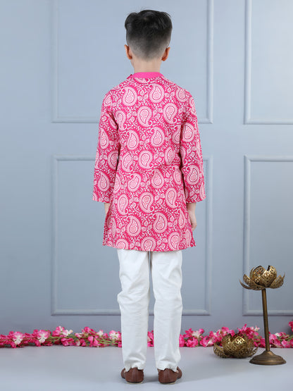 Aww Hunnie Boys Cotton Printed Mandarin Collar Kurta & Side-Button Pajama Set (1–12 yrs)