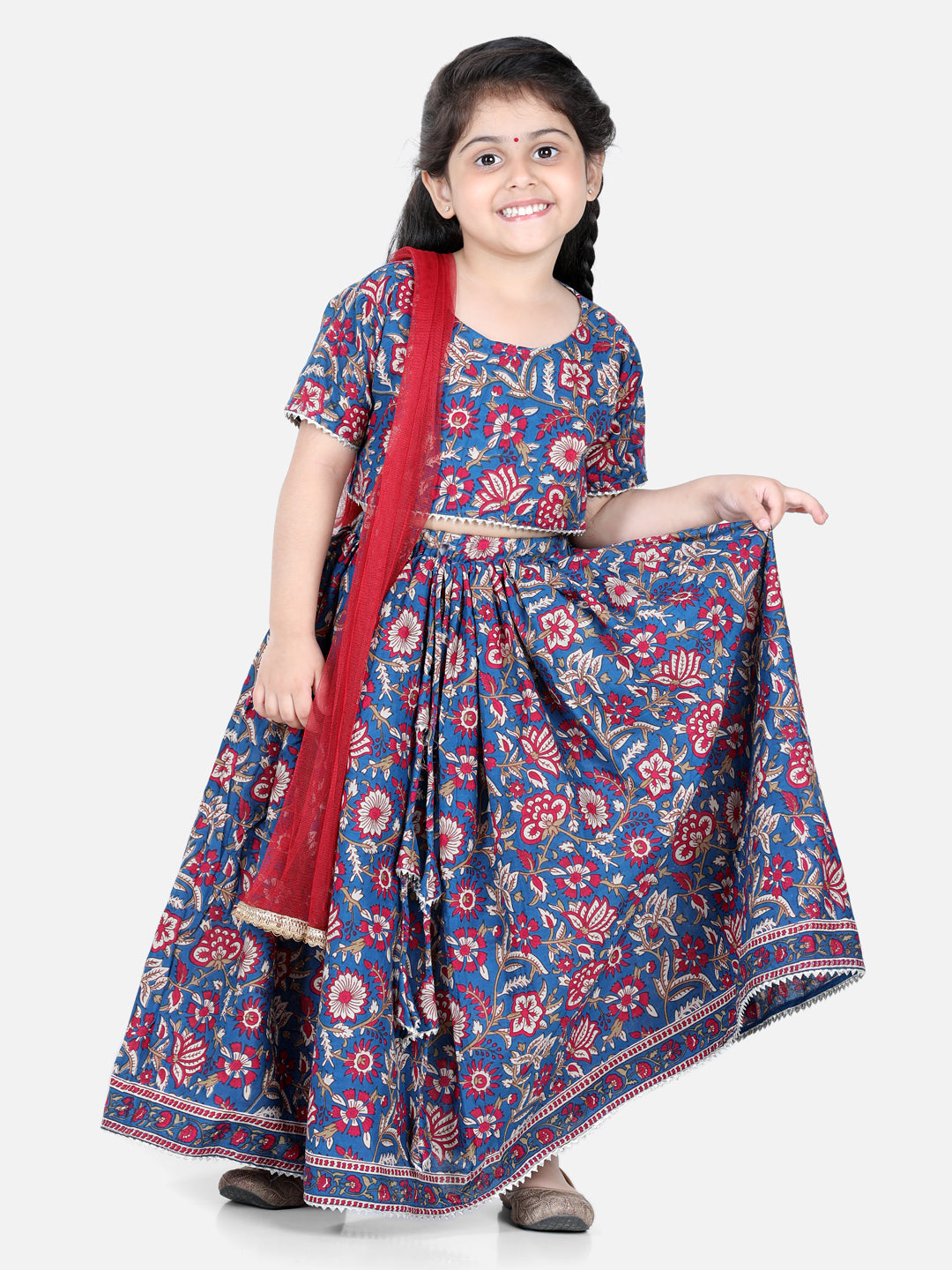 Aww Hunnie Girls Blue Jaipuri Cotton Lehenga Choli with Net Dupatta – Premium Festive Wear